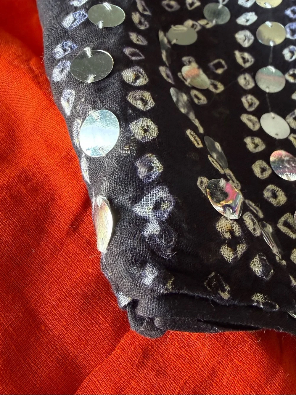 Sequined Black and Orange Bellydance Hip Scarf - Bold Contrast
